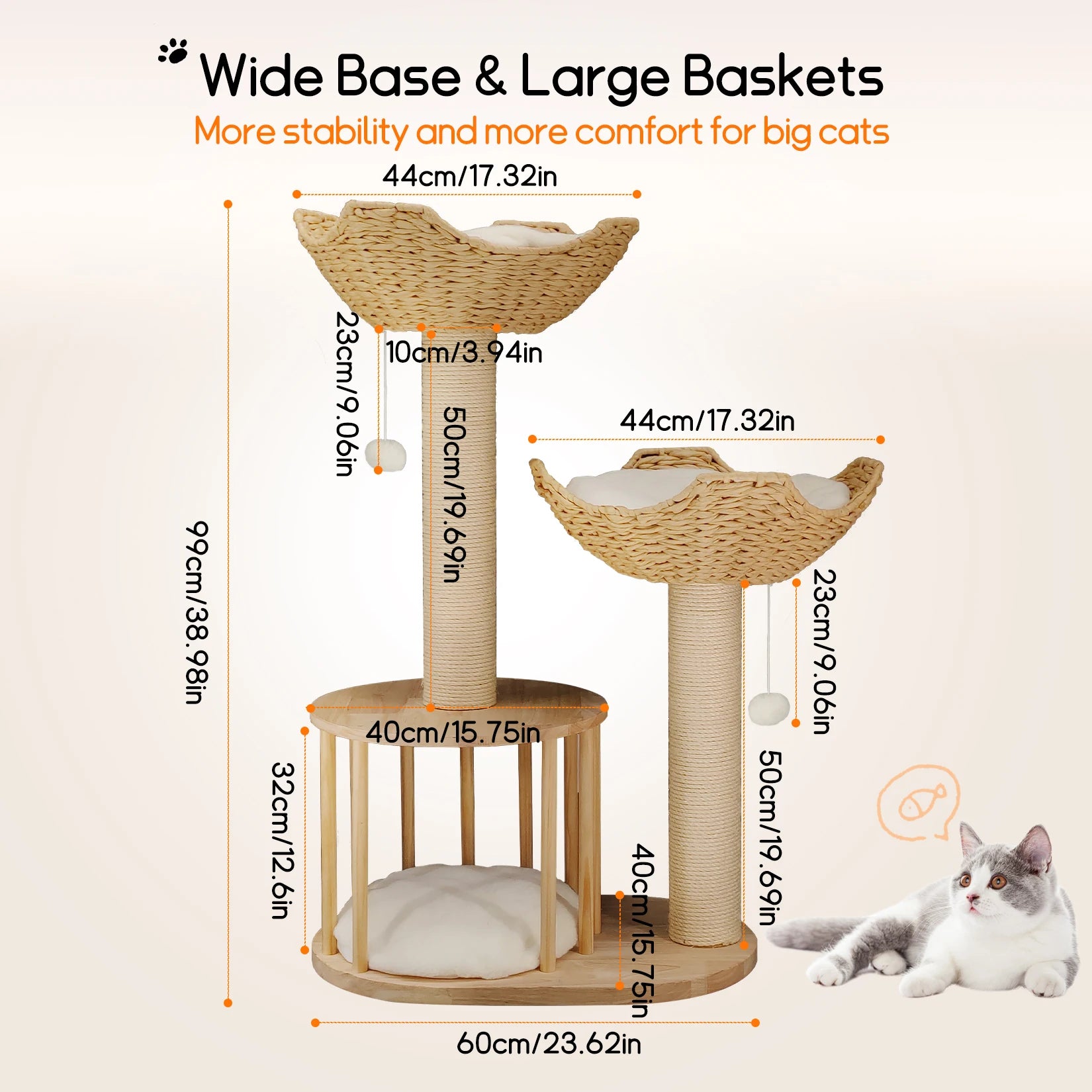 Wooden Cat Tree with Condo Baskets, Sisal scratching posts and Hanging Toy
