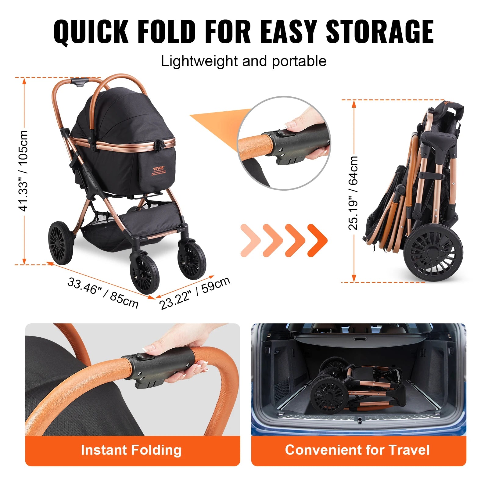 Foldable Pet Stroller with Storage Basket and Safety Tether - Up to 30kg