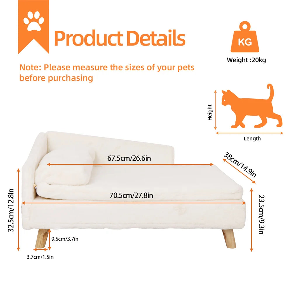 Luxury elevated Pet Lounger Sofa Bed with Plush Cushion and Wooden Legs Raised Backrest for Dogs and Cats. (Medium: 77.5 x 48cm, 25kg)
