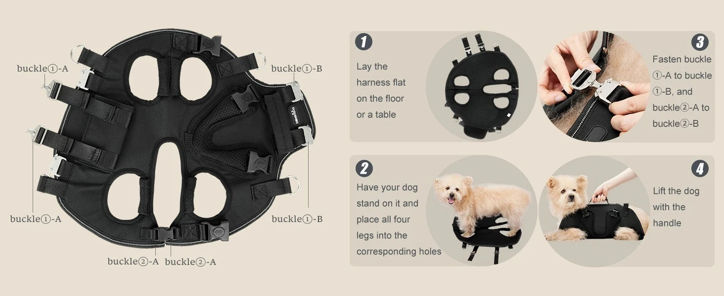 Dog Sling Carrier Lift Harness with Reinforced Handles and Adjustable Fit for Small to Medium Dogs - Black, Size S (2-3.5kg)