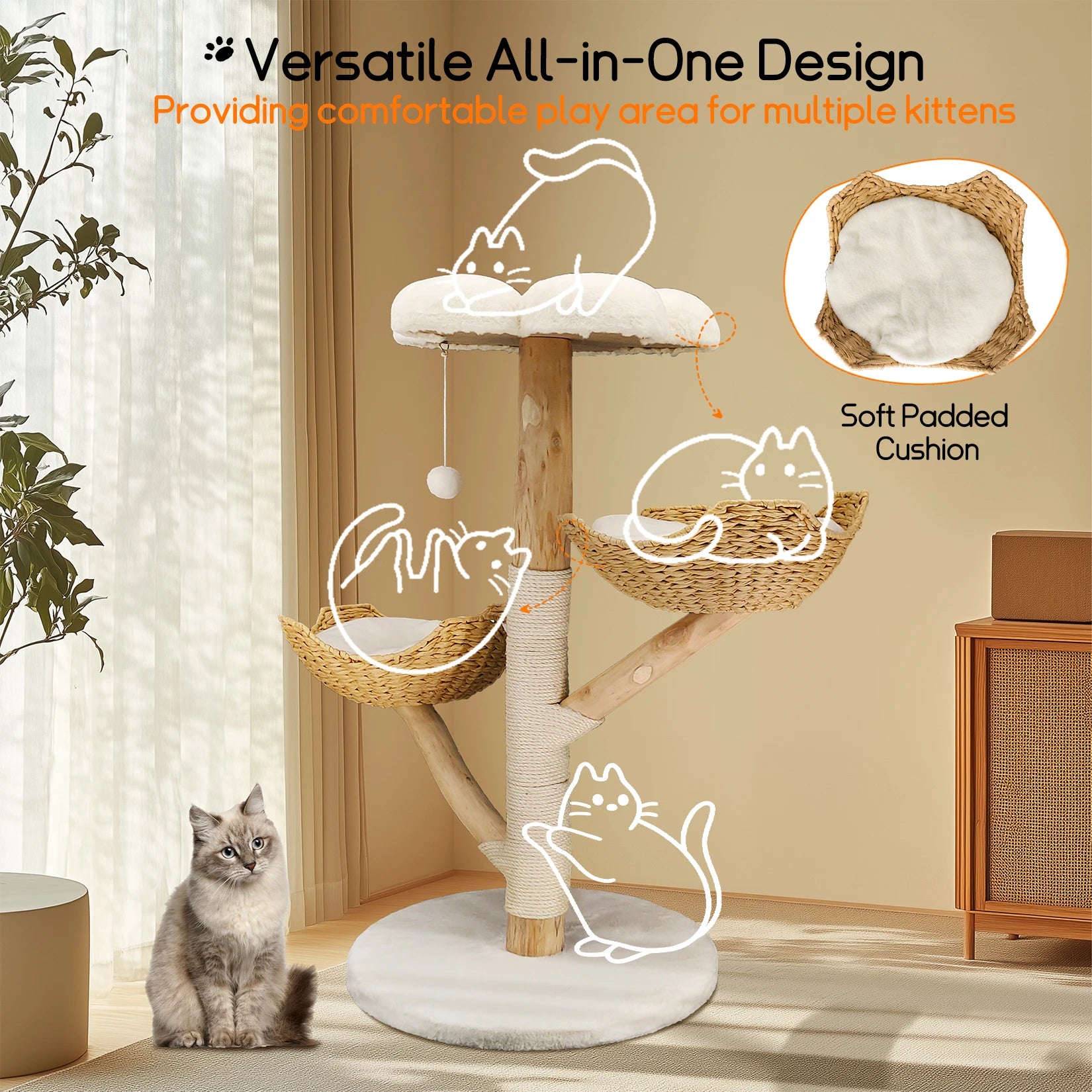 Cat Tree with Sisal Scratching Post and Removable Washable Mats