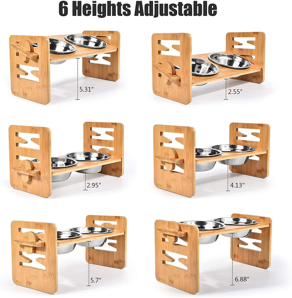 Adjustable Elevated Pet Food and Water Bowl Set Bamboo Stand Non Slip with 2 Stainless Steel Bowls