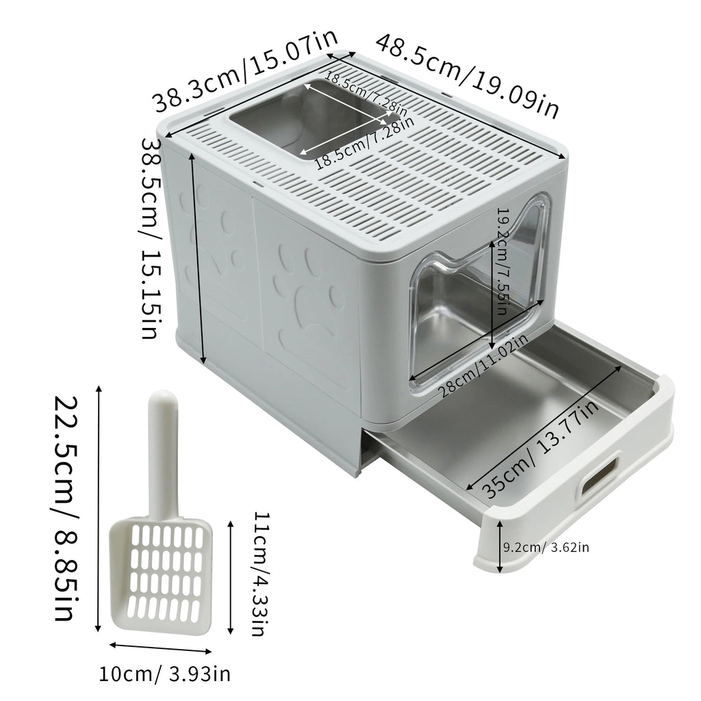 Cat Litter Box with Lid Front Entry Top Exit Stainless Steel Base Foldable Design. easy clean and scoop included
