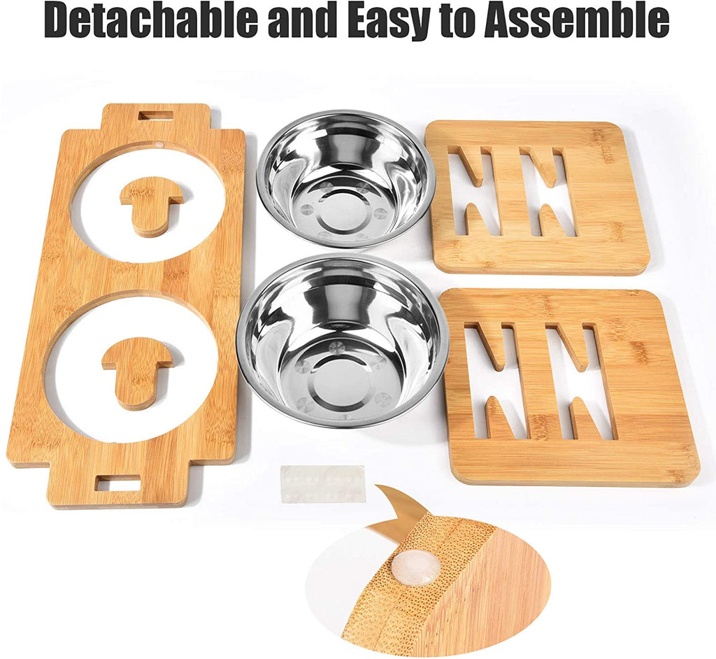 Adjustable Elevated Pet Food and Water Bowl Set Bamboo Stand Non Slip with 2 Stainless Steel Bowls
