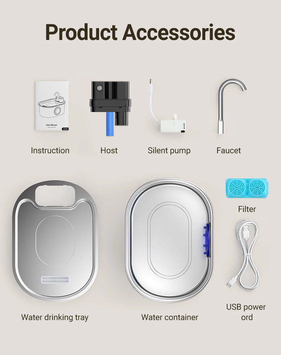 Stainless Steel Pet Water Fountain Cordless Rechargeable 3.2L with Smart Sensor Pump