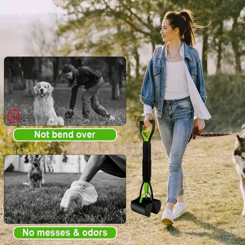 Foldable Dog Poop Scooper Long Handle Heavy Duty Jaw Clamp, Non Stick, Easy Clean