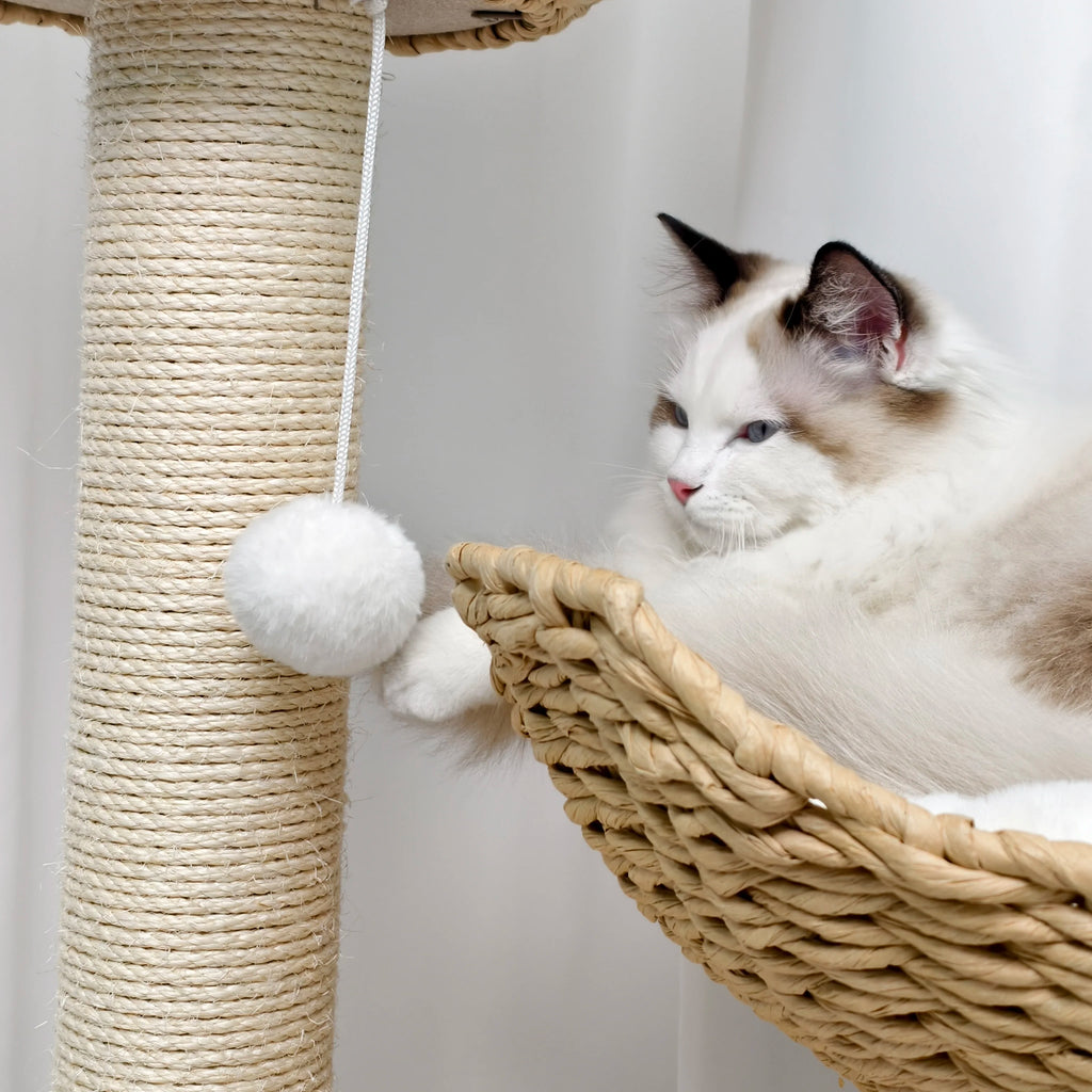 Wooden Cat Tree with Condo Baskets, Sisal scratching posts and Hanging Toy
