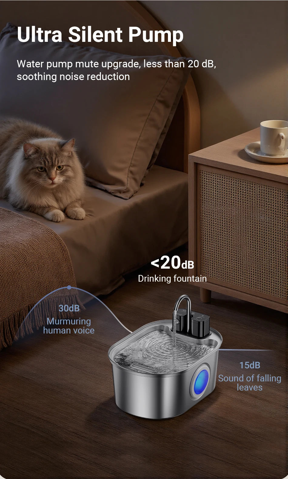 Stainless Steel Pet Water Fountain Cordless Rechargeable 3.2L with Smart Sensor Pump