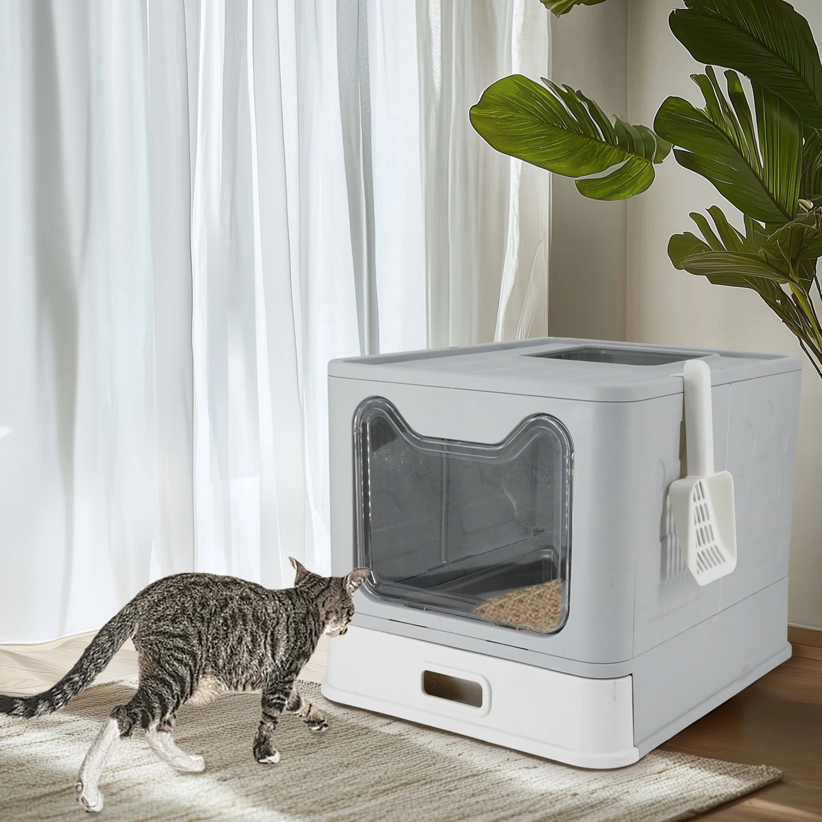 Cat Litter Box with Lid Front Entry Top Exit Stainless Steel Base Foldable Design. easy clean and scoop included
