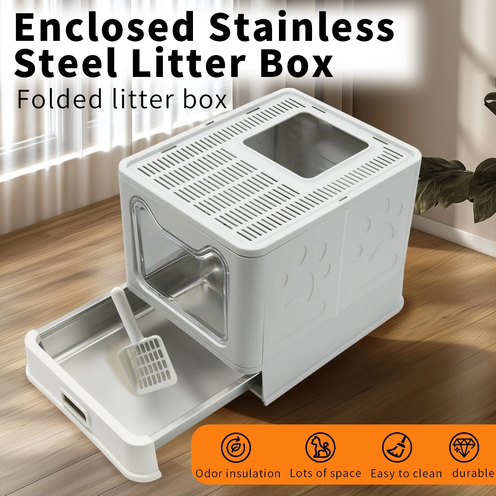 Cat Litter Box with Lid Front Entry Top Exit Stainless Steel Base Foldable Design. easy clean and scoop included