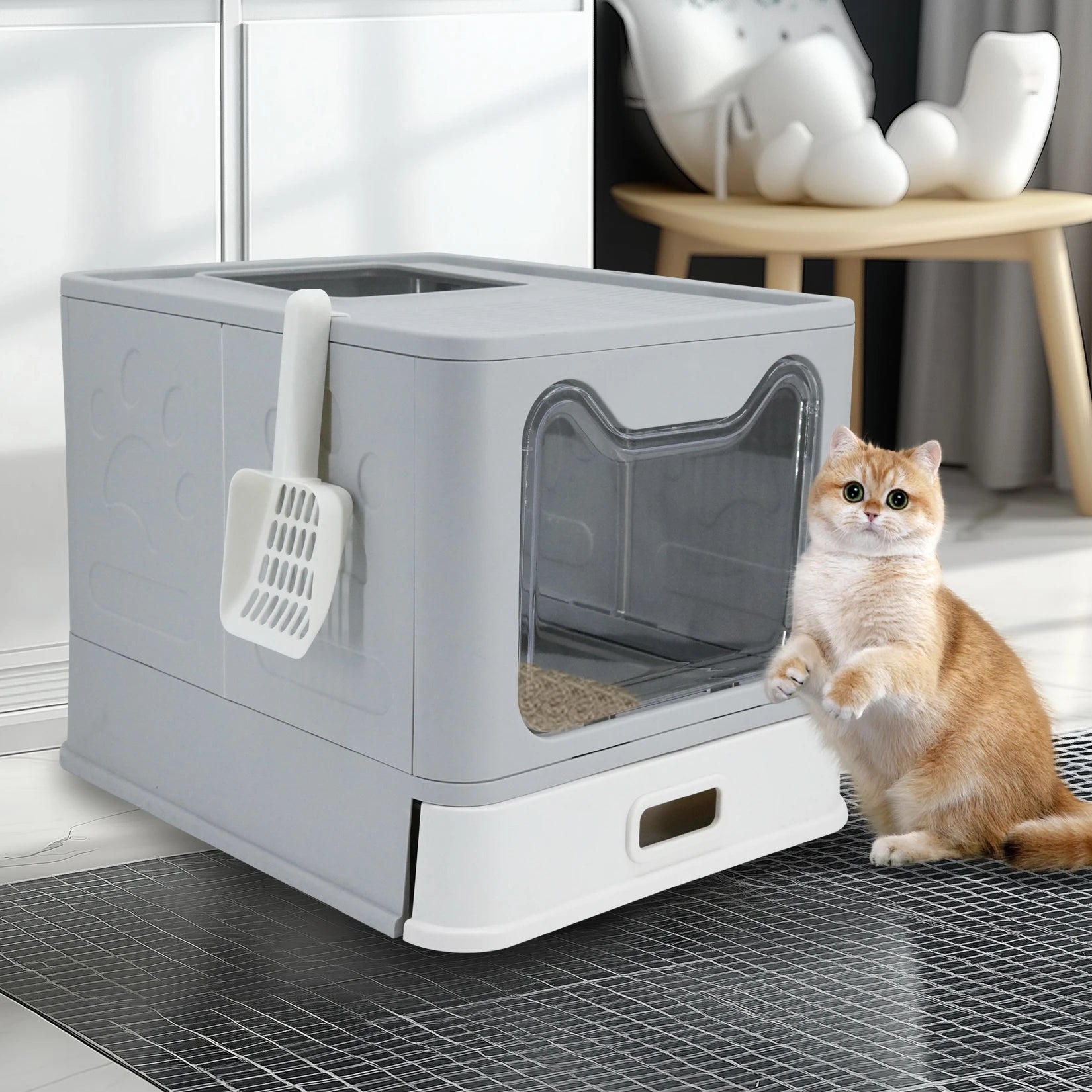 Cat Litter Box with Lid Front Entry Top Exit Stainless Steel Base Foldable Design. easy clean and scoop included