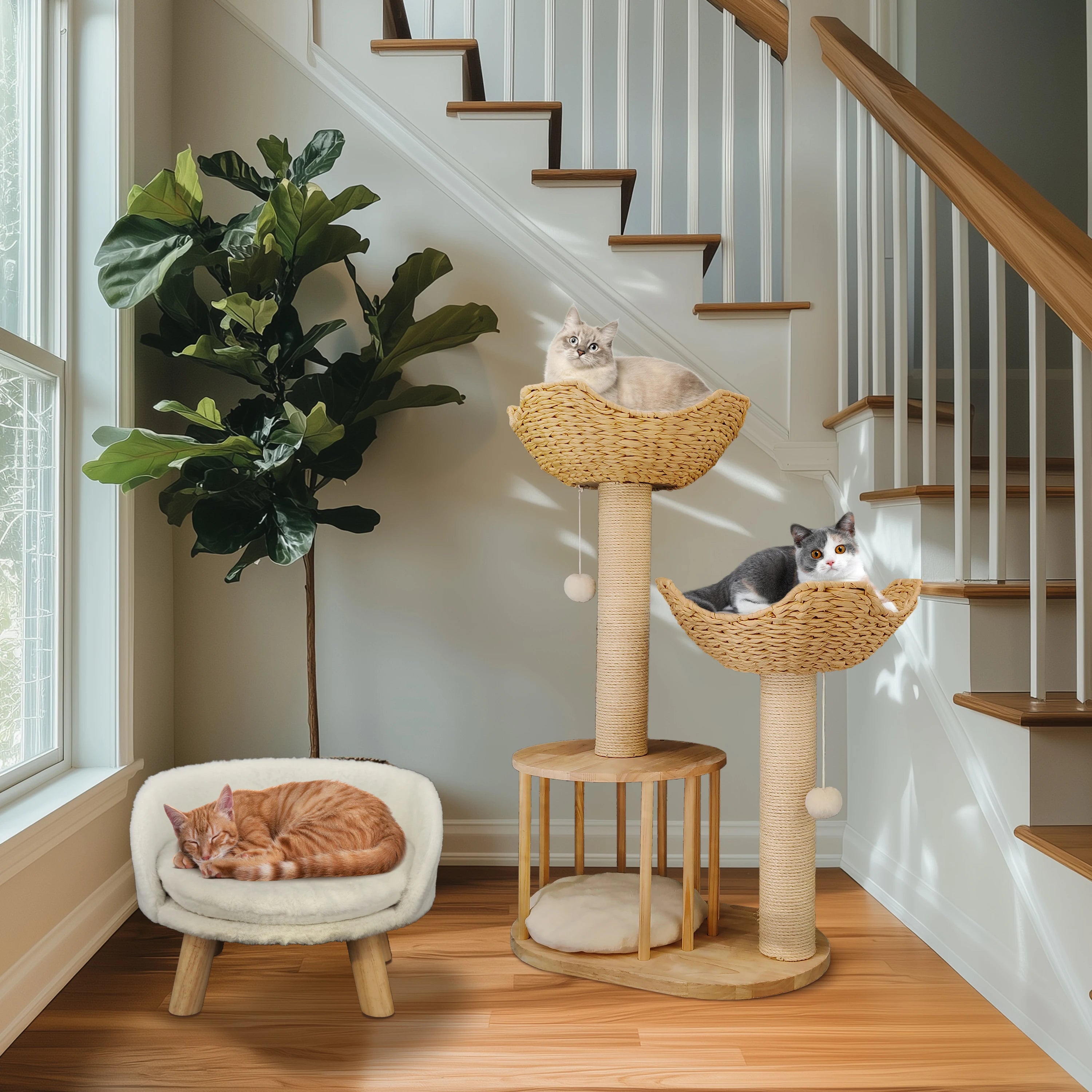 Wooden Cat Tree with Condo Baskets, Sisal scratching posts and Hanging Toy