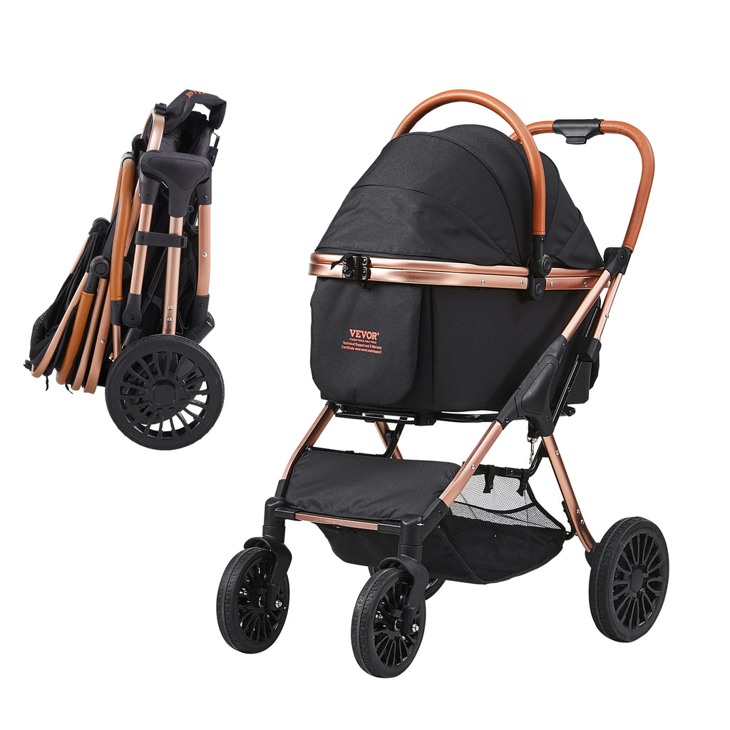Foldable Pet Stroller with Storage Basket and Safety Tether - Up to 30kg
