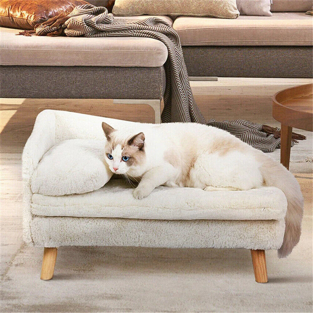 Luxury elevated Pet Lounger Sofa Bed with Plush Cushion and Wooden Legs Raised Backrest for Dogs and Cats. (Medium: 77.5 x 48cm, 25kg)