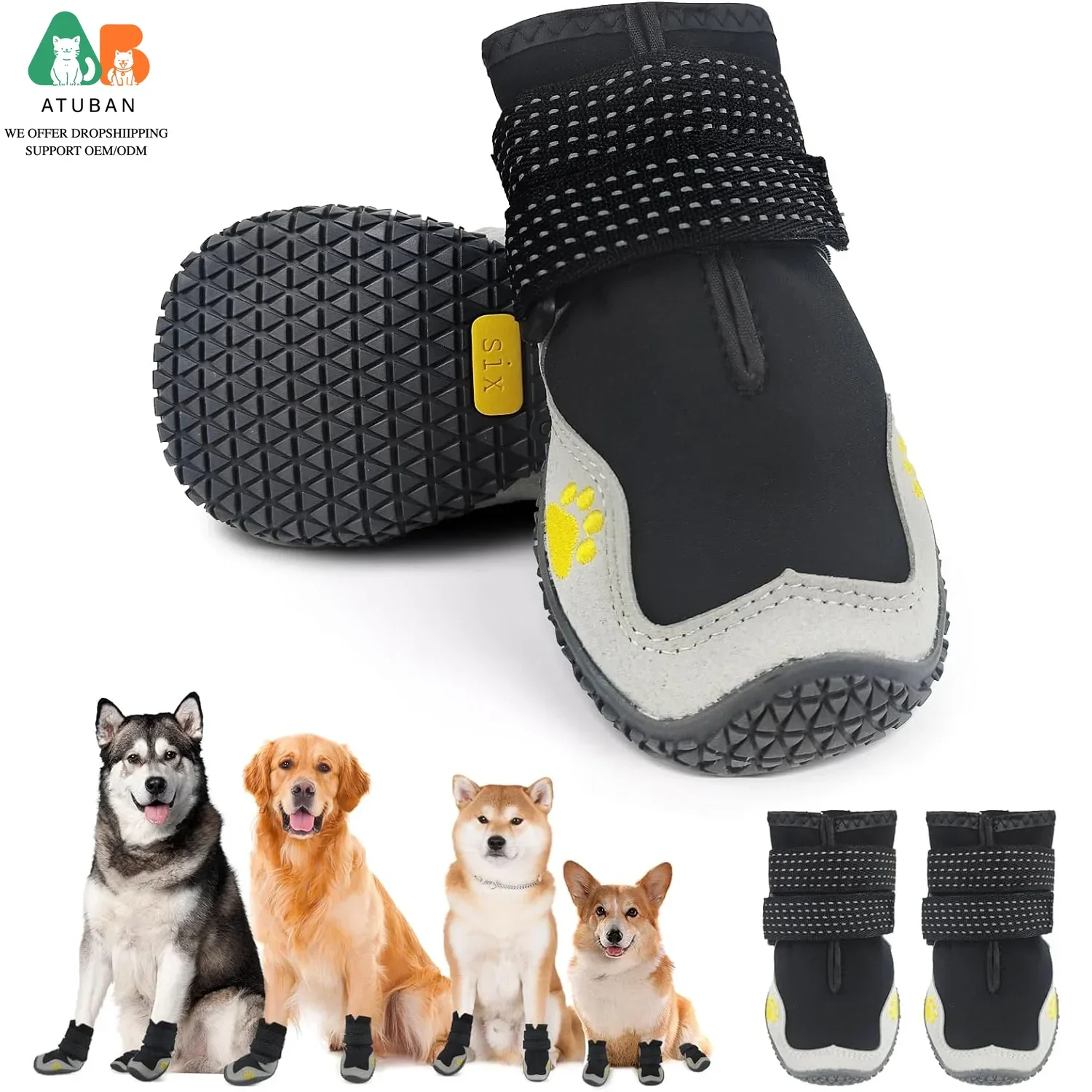 Waterproof Dog Boots with Non Slip Sole for Medium to Large Dogs, Gray, Size 4 (see sizing chart)