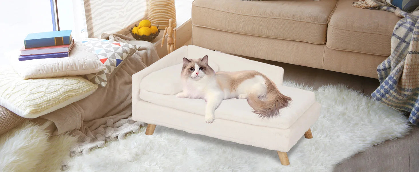 Luxury elevated Pet Lounger Sofa Bed with Plush Cushion and Wooden Legs Raised Backrest for Dogs and Cats. (Medium: 77.5 x 48cm, 25kg)
