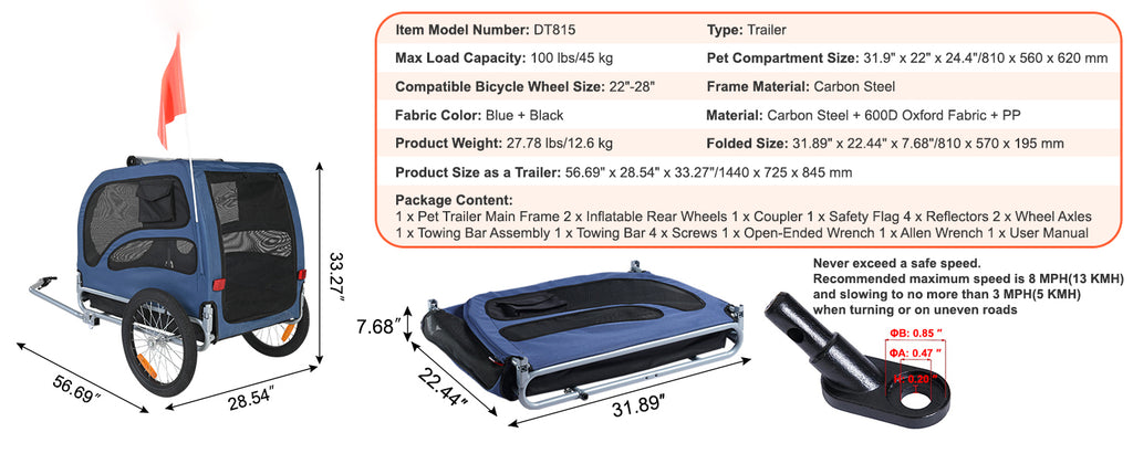 Dog Bicycle Trailer Carrier Foldable Heavy Duty Steel Frame 100lb Capacity with Reflectors Flag