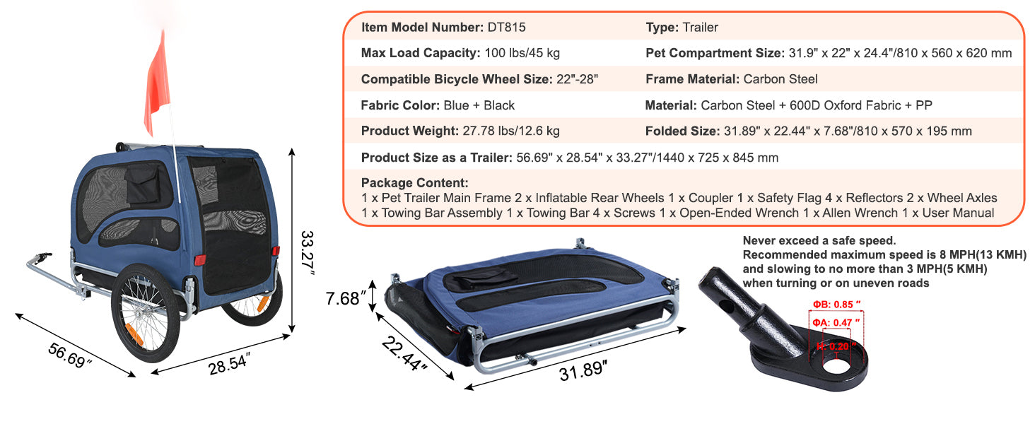 Dog Bicycle Trailer Carrier Foldable Heavy Duty Steel Frame 100lb Capacity with Reflectors Flag