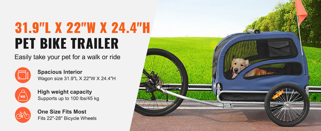 Dog Bicycle Trailer Carrier Foldable Heavy Duty Steel Frame 100lb Capacity with Reflectors Flag
