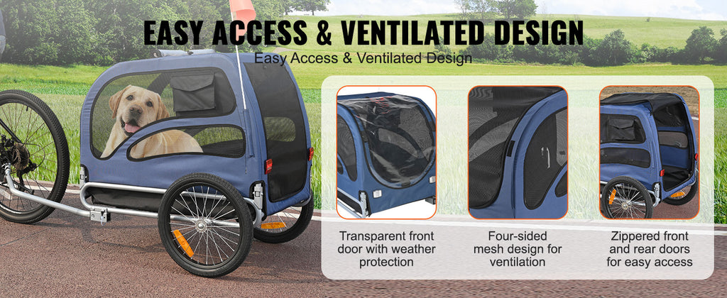 Dog Bicycle Trailer Carrier Foldable Heavy Duty Steel Frame 100lb Capacity with Reflectors Flag