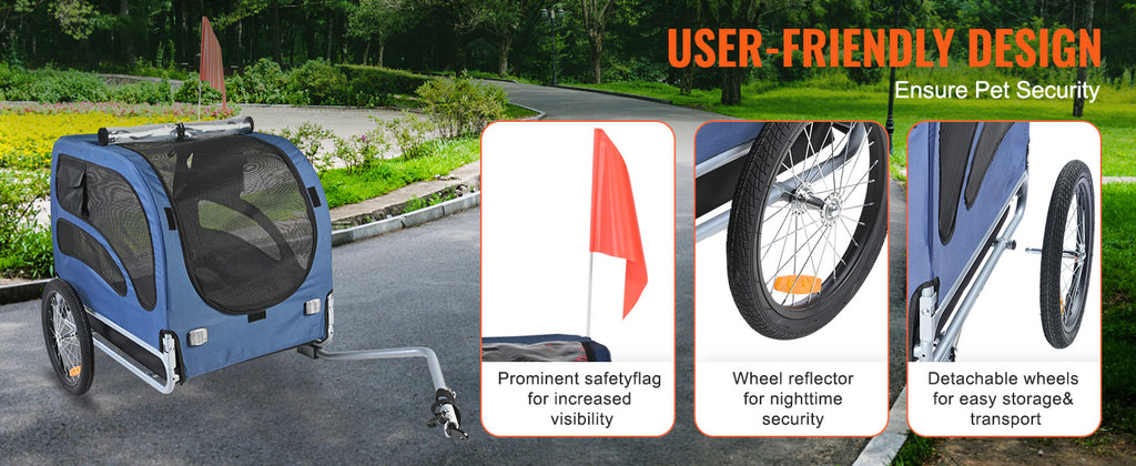 Dog Bicycle Trailer Carrier Foldable Heavy Duty Steel Frame 100lb Capacity with Reflectors Flag