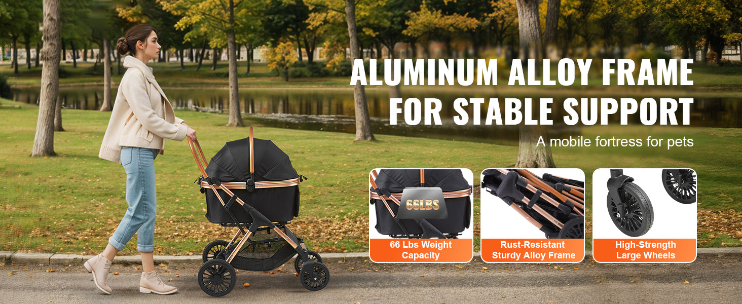 Foldable Pet Stroller with Storage Basket and Safety Tether - Up to 30kg