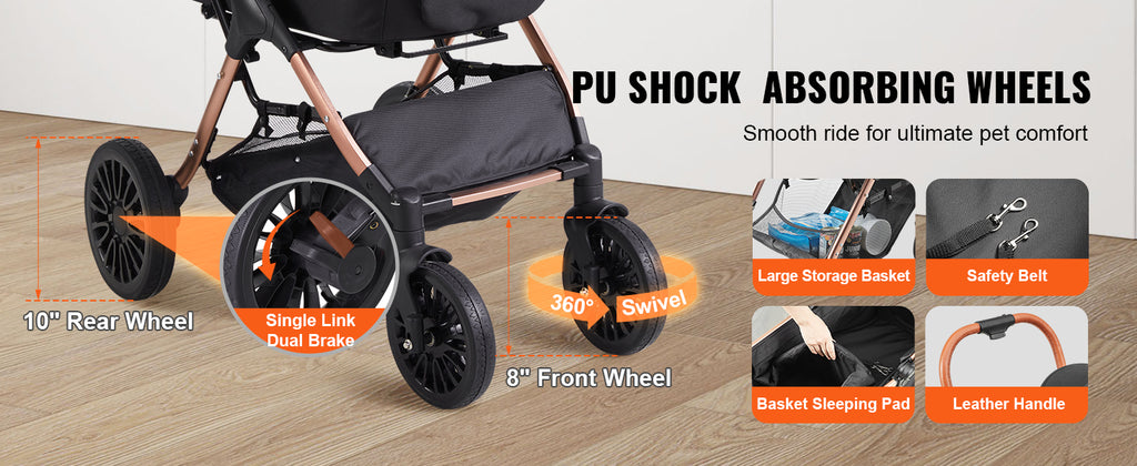 Foldable Pet Stroller with Storage Basket and Safety Tether - Up to 30kg