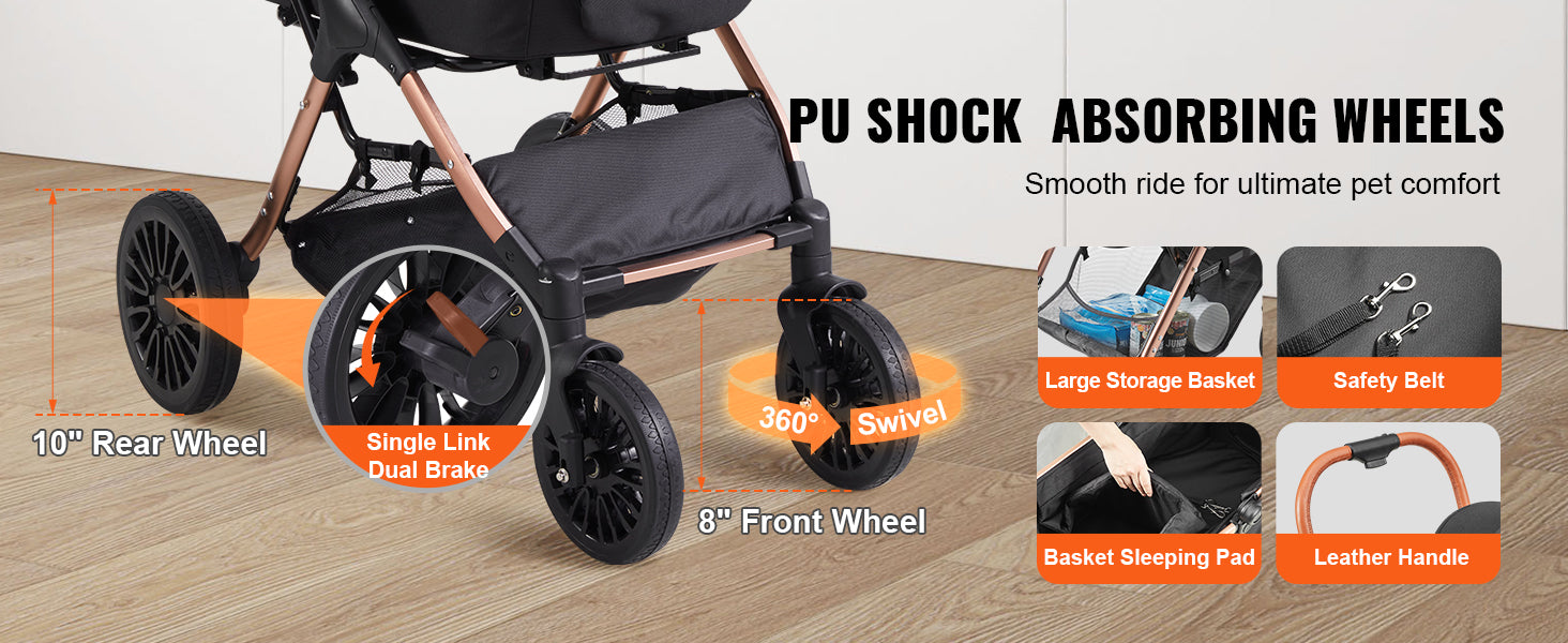 Foldable Pet Stroller with Storage Basket and Safety Tether - Up to 30kg