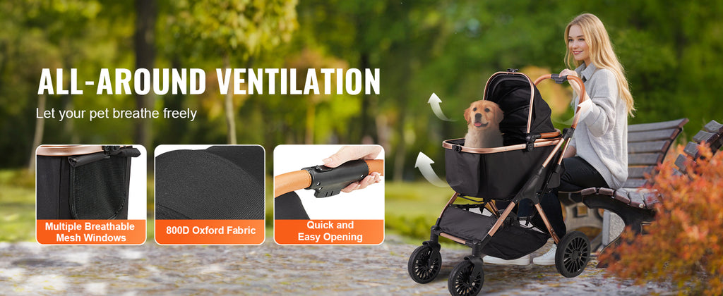 Foldable Pet Stroller with Storage Basket and Safety Tether - Up to 30kg