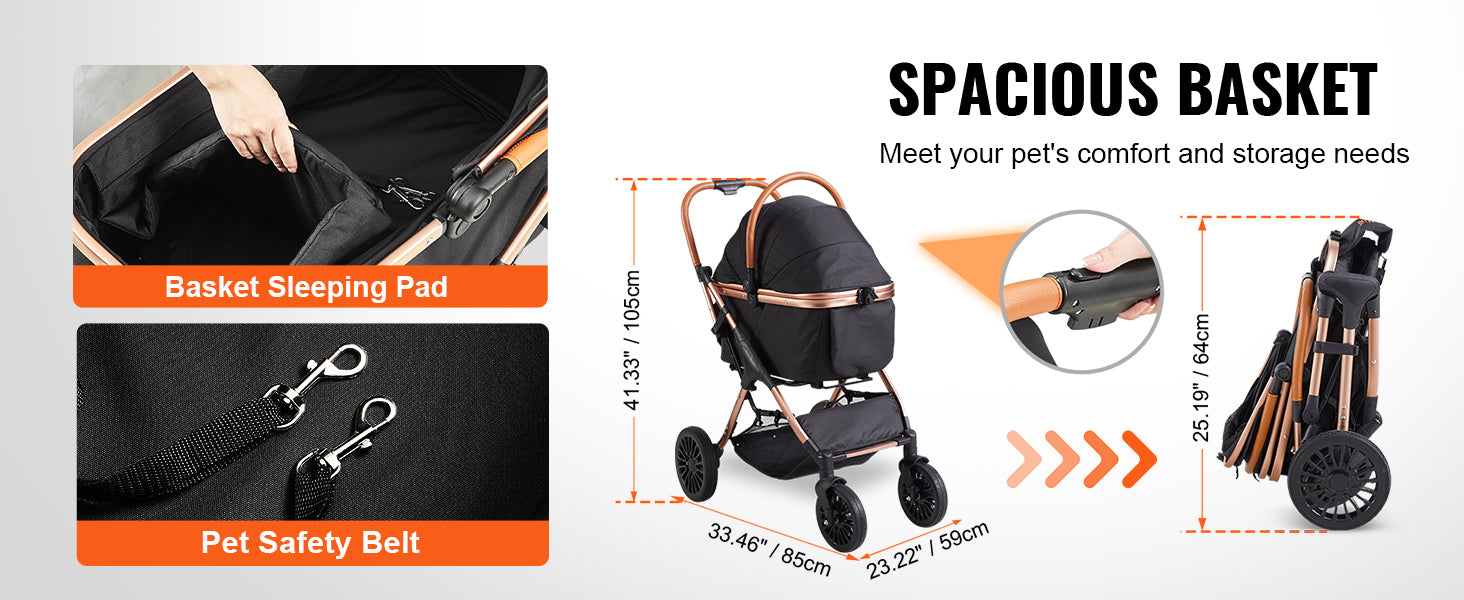 Foldable Pet Stroller with Storage Basket and Safety Tether - Up to 30kg