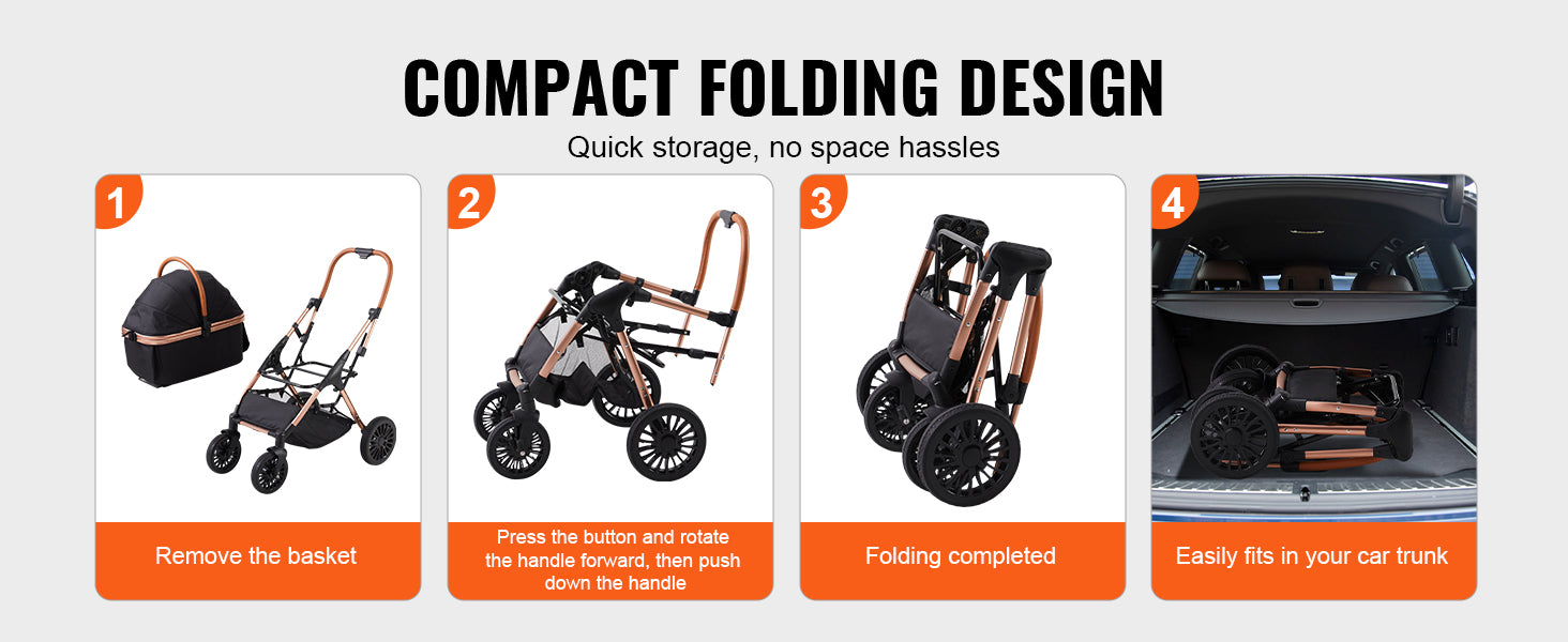 Foldable Pet Stroller with Storage Basket and Safety Tether - Up to 30kg